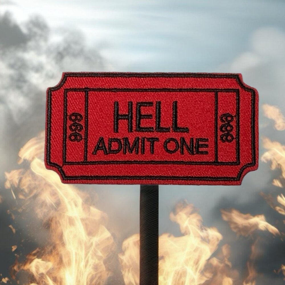 Hell Admit One 666 Ticket Embroidered Iron On Sew Patch Red Black Punk Goth